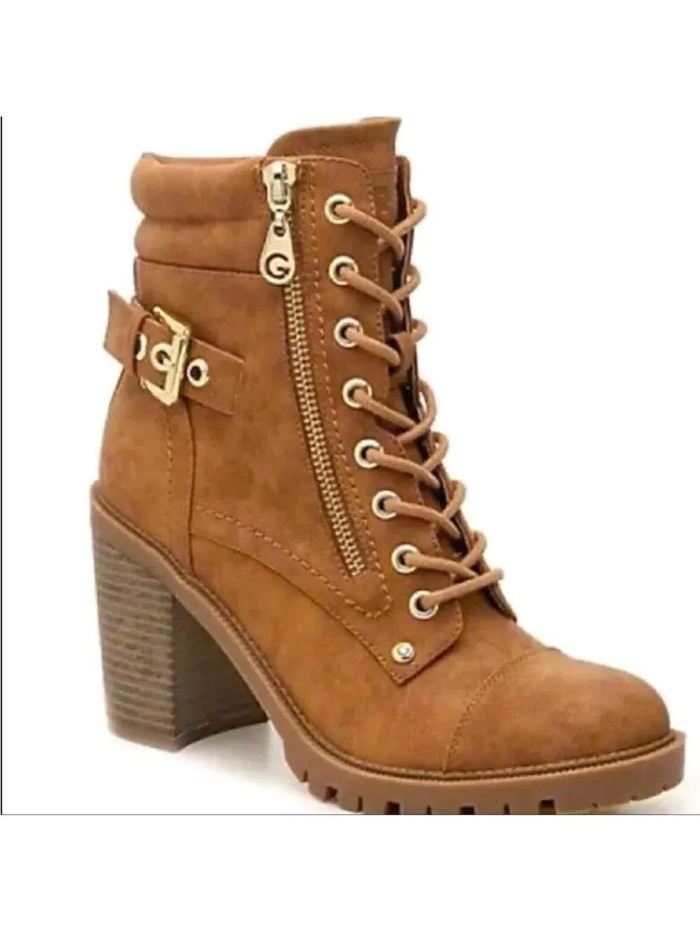 Guess 9.5 M Jaylee Light Brown Faux Leather Lace-up Side Zip Heeled Ankle Boots